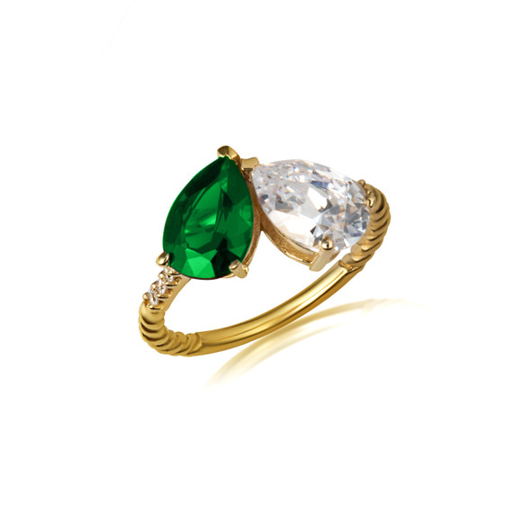 Yellow Gold Pear Cut Emerald Gemstone Toi Et Moi Diamond Roped Love Ring