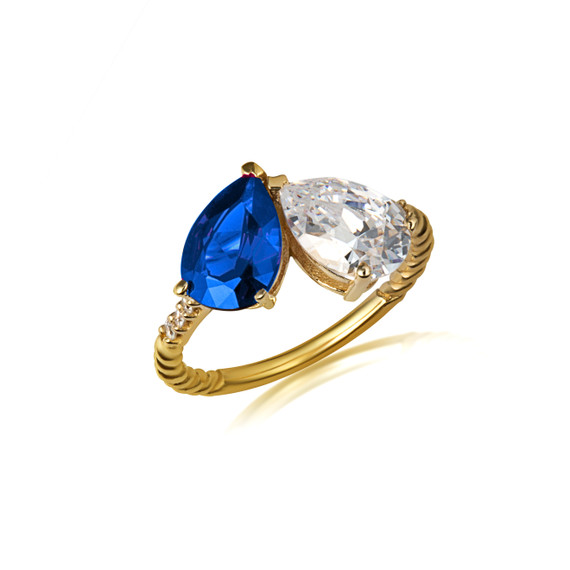 Yellow Gold Pear Cut Sapphire Gemstone Toi Et Moi Diamond Roped Love Ring