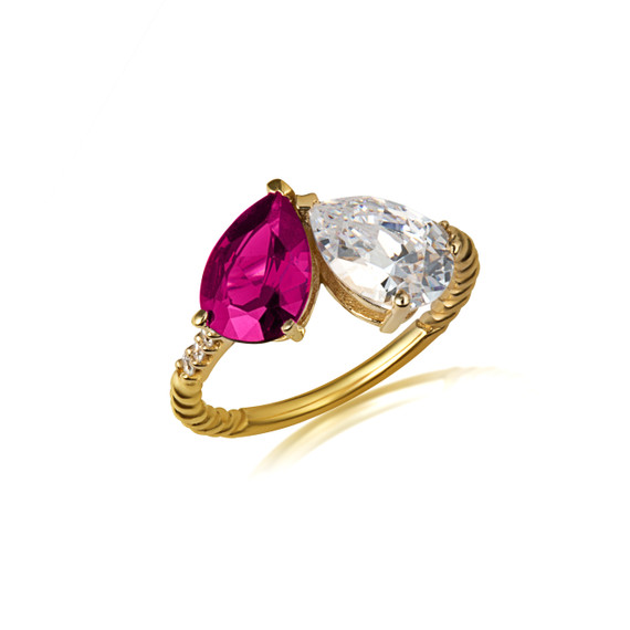 Yellow Gold Pear Cut Ruby Gemstone Toi Et Moi Diamond Roped Love Ring