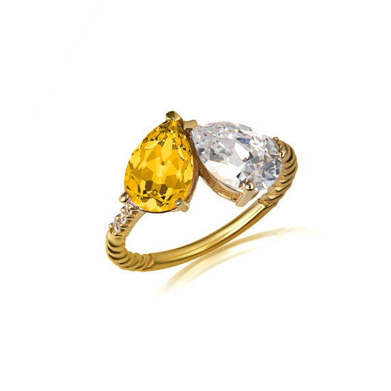 Yellow Gold Pear Cut Citrine Gemstone Toi Et Moi Diamond Roped Love Ring