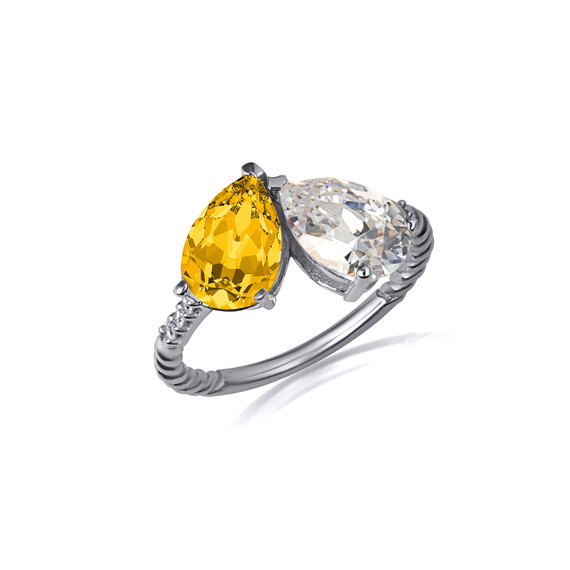.925 Sterling Silver Pear Cut Citrine Gemstone Toi Et Moi CZ Roped Love Ring