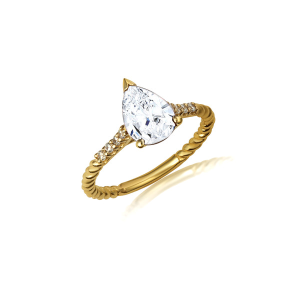 Yellow Gold Pear Cut Clear Diamond Gemstone Roped Twist Ring
