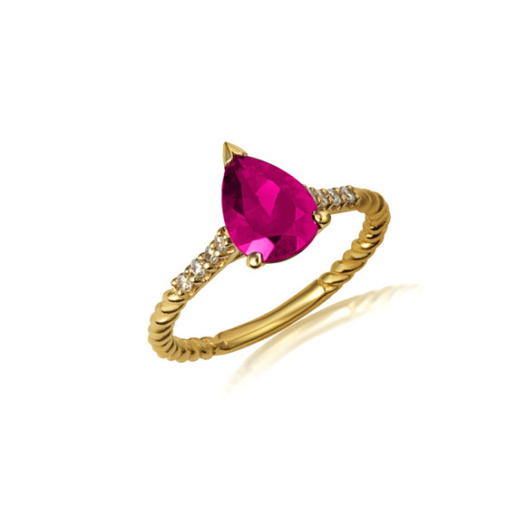 Yellow Gold Pear Cut Ruby Gemstone Diamond Roped Twist Ring