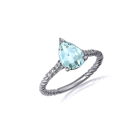 .925 Sterling Silver Pear Cut Aquamarine Gemstone CZ Roped Twist Ring