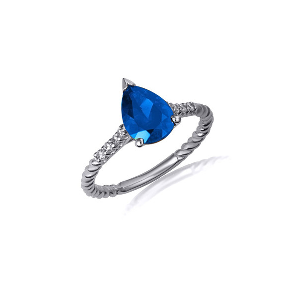 .925 Sterling Silver Pear Cut Sapphire Gemstone CZ Roped Twist Ring