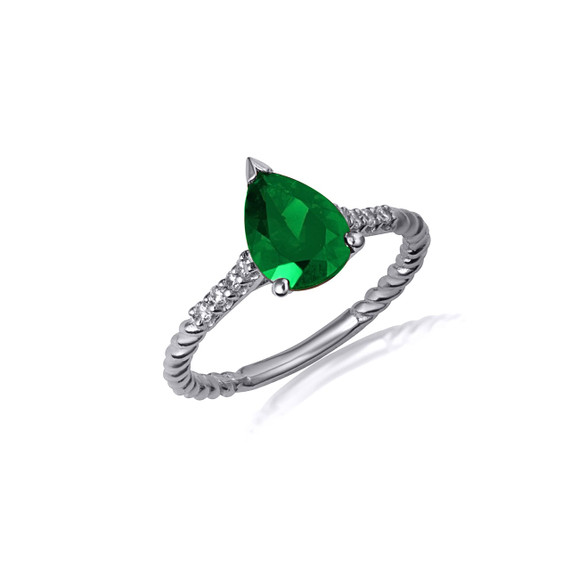 .925 Sterling Silver Pear Cut Emerald Gemstone CZ Roped Twist Ring