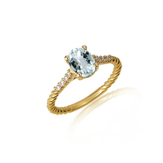 Gold Oval Aquamarine Gemstone Diamond Roped Twist Ring