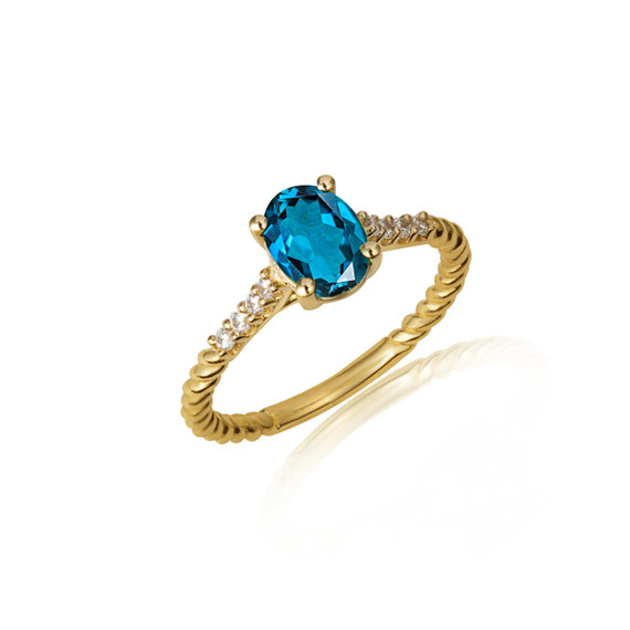 Gold Oval Blue Topaz Gemstone Diamond Roped Twist Ring