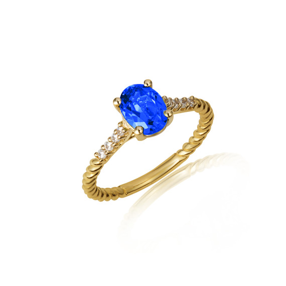 Gold Oval Sapphire Gemstone Diamond Roped Twist Ring