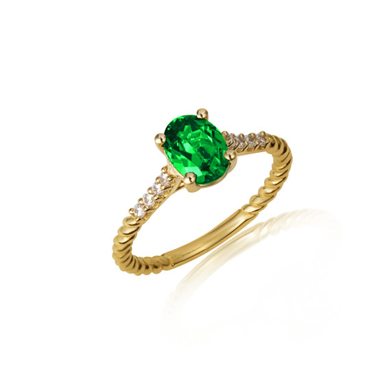Gold Oval Emerald Gemstone Diamond Roped Twist Ring