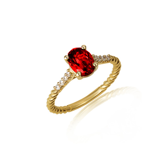 Gold Oval Garnet Gemstone Diamond Roped Twist Ring