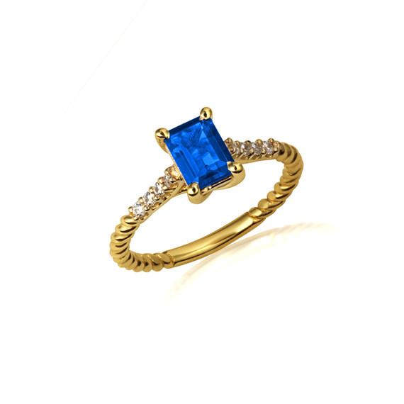 Gold Emerald Cut Sapphire Gemstone Diamond Roped Twist Ring