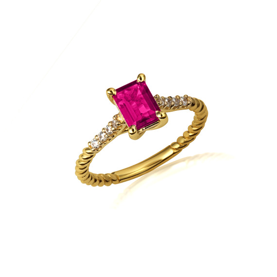 Gold Emerald Cut Ruby Gemstone Diamond Roped Twist Ring