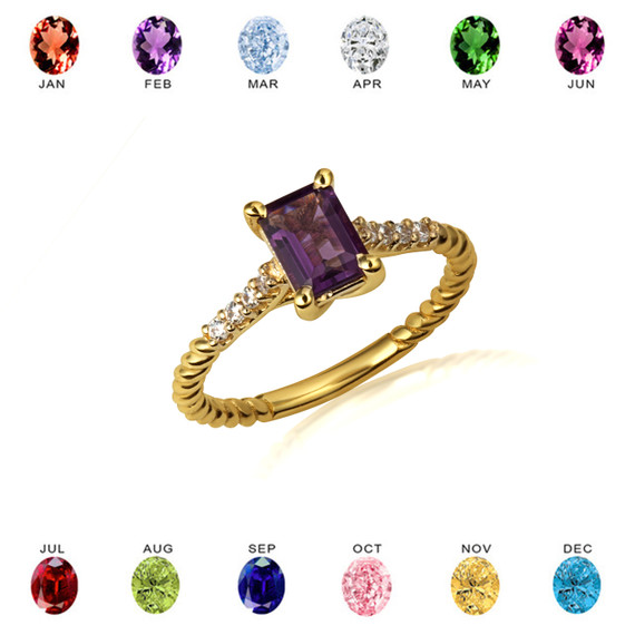 Gold Emerald Cut Amethyst Gemstone Diamond Roped Twist Ring