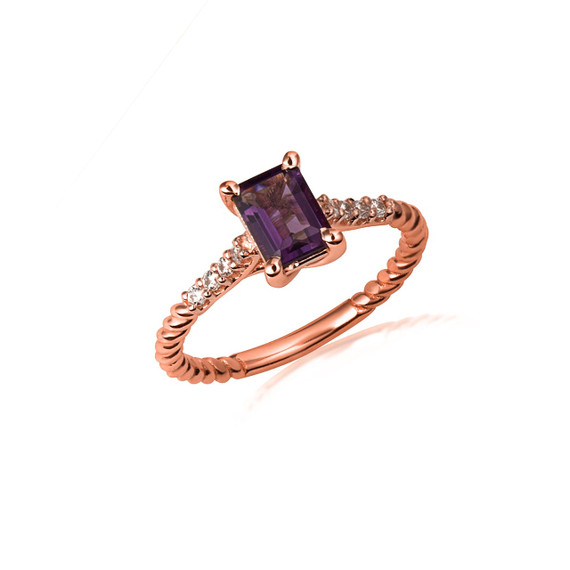 Rose Gold Emerald Cut Amethyst Gemstone Diamond Roped Twist Ring