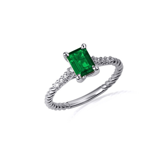 .925 Sterling Silver Emerald Cut Emerald Gemstone CZ Roped Twist Ring