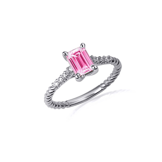 .925 Sterling Silver Emerald Cut Pink CZ Gemstone CZ Roped Twist Ring