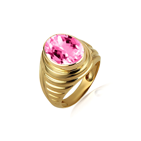 Gold Oval Pink CZ Gemstone Ribbed Striped Men's Ring