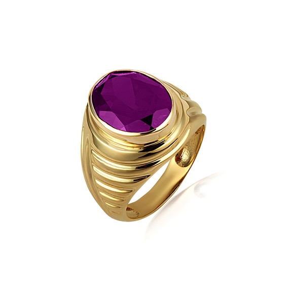 Gold Oval Gemstone Ribbed Striped Men's Ring (Available in Yellow/Rose/White Gold)