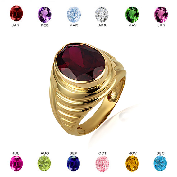 Gold Oval Gemstone Ribbed Striped Men's Ring