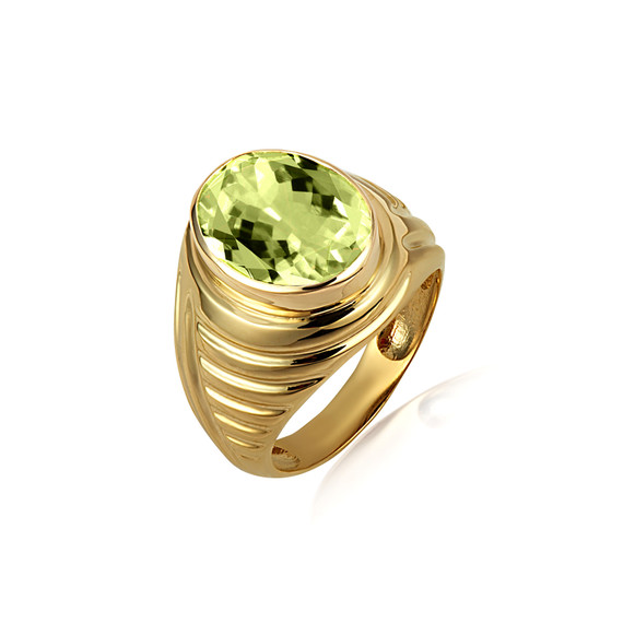 Gold Oval Peridot Gemstone Ribbed Striped Men's Ring