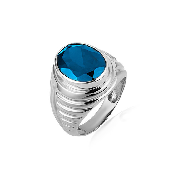 .925 Sterling Silver Oval Blue Topaz Gemstone Ribbed Striped Men's Ring