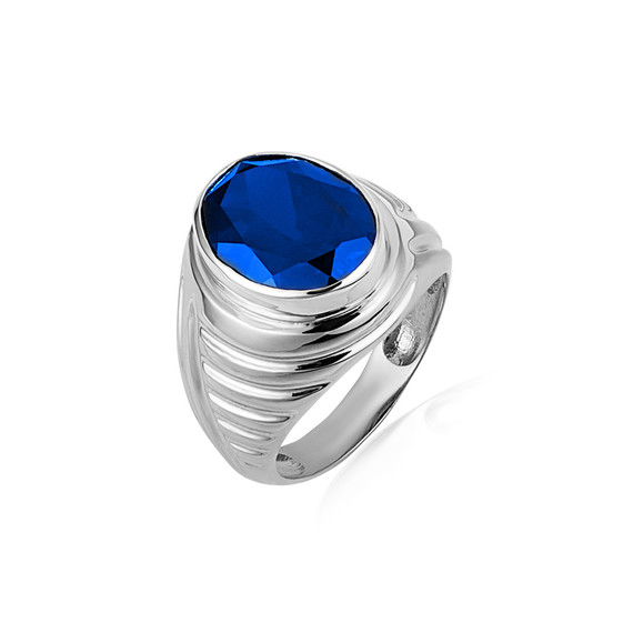 .925 Sterling Silver Oval Sapphire Gemstone Ribbed Striped Men's Ring