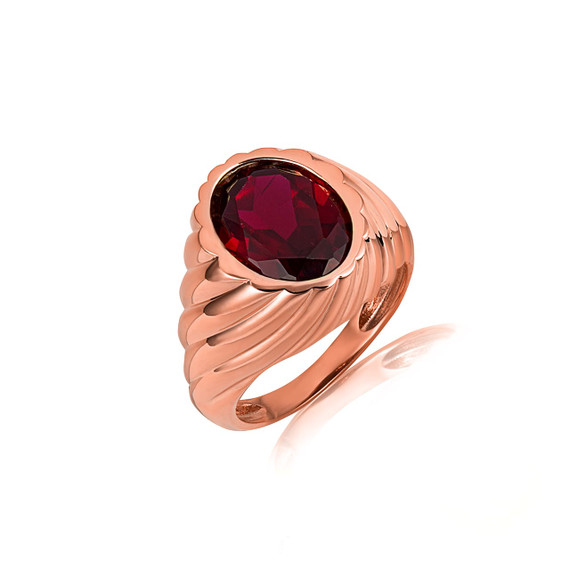 Rose Gold Oval Garnet Gemstone Swirl Ribbed Ring