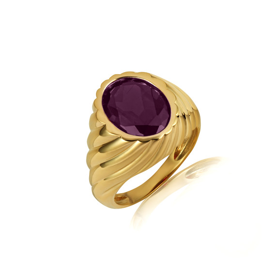 Yellow Gold Oval Amethyst Gemstone Swirl Ribbed Ring