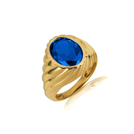 Yellow Gold Oval Sapphire Gemstone Swirl Ribbed Ring