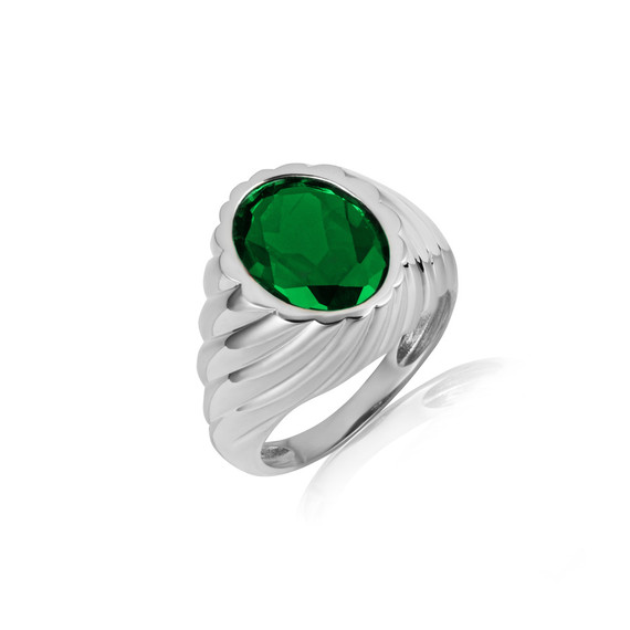 .925 Sterling Silver Oval Emerald Gemstone Swirl Ribbed Ring