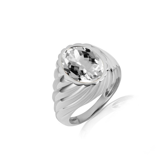 .925 Sterling Silver Oval Clear CZ Gemstone Swirl Ribbed Ring