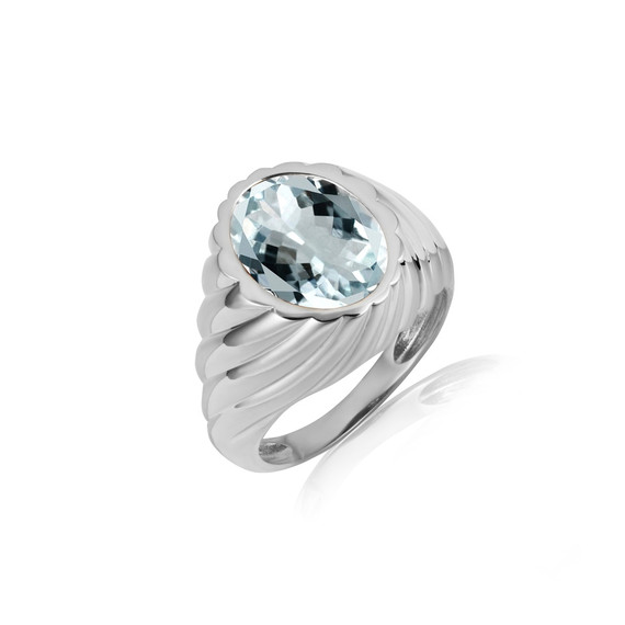 .925 Sterling Silver Oval Aquamarine Gemstone Swirl Ribbed Ring