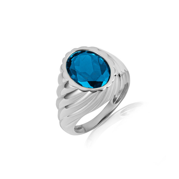 .925 Sterling Silver Oval Blue Topaz Gemstone Swirl Ribbed Ring