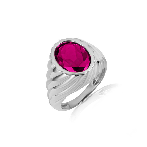 .925 Sterling Silver Oval Ruby Red Gemstone Swirl Ribbed Ring