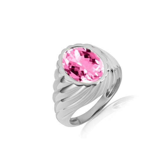 .925 Sterling Silver Oval Pink CZ Gemstone Swirl Ribbed Ring