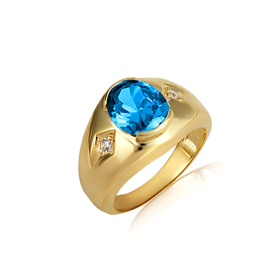 Yellow Gold Oval Blue Topaz Gemstone CZ Men's Ring