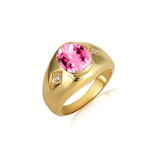 Yellow Gold Oval Pink CZ Gemstone CZ Men's Ring