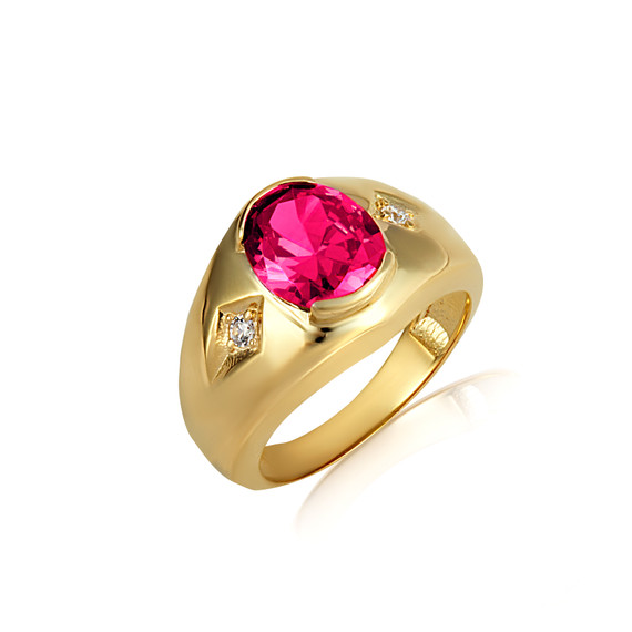 Yellow Gold Oval Ruby Gemstone CZ Men's Ring