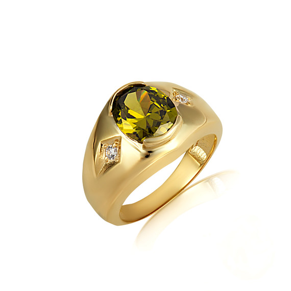 Yellow Gold Oval Peridot Gemstone CZ Men's Ring
