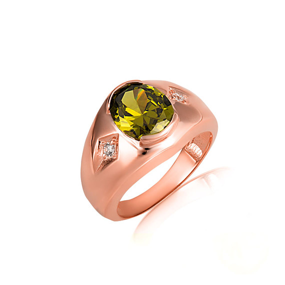 Rose Gold Oval Peridot Gemstone CZ Men's Ring