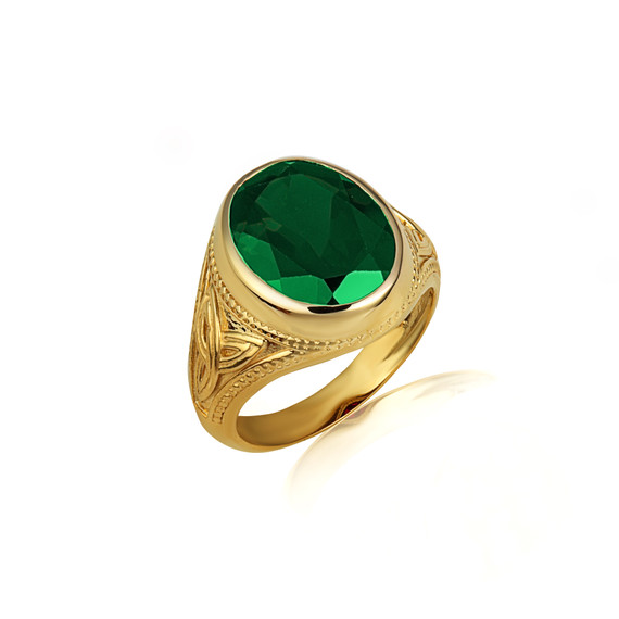 Yellow Gold Oval Emerald Gemstone Celtic Trinity Knot Beaded Men's Ring