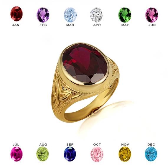 Yellow Gold Oval Garnet Gemstone Celtic Trinity Knot Beaded Men's Ring