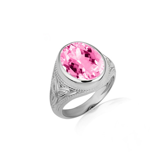 925 Sterling Silver Oval Pink CZ Gemstone Celtic Trinity Knot Beaded Men's Ring