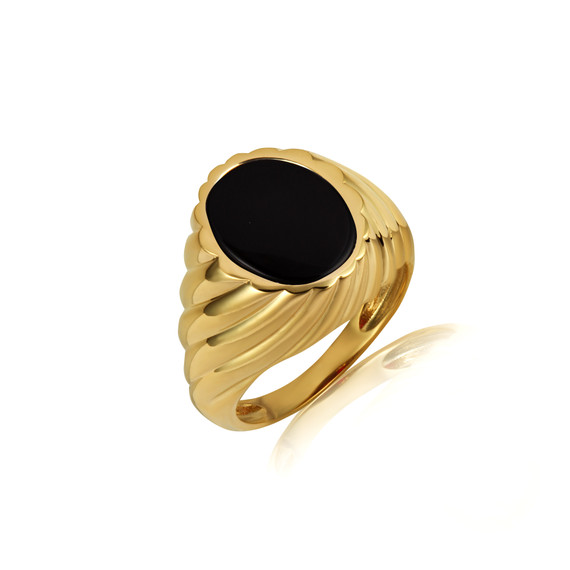 Yellow Gold Oval Black Onyx Gemstone Swirl Ribbed Men's Ring