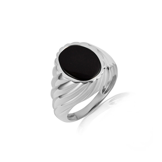 .925 Sterling Silver Oval Black Onyx Gemstone Swirl Ribbed Men's Ring on male model