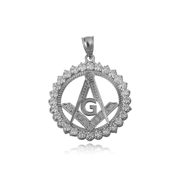 White Gold Freemason Square & Compass Diamond Circle Pendant