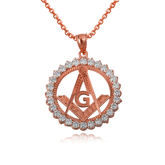 Rose Gold Freemason Square & Compass Diamond Circle Pendant Necklace