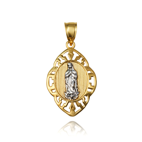 Two-Tone Gold Our Lady of Guadalupe Greek Key Oval Textured Pendant