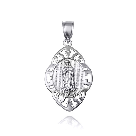 .925 Sterling Silver Our Lady of Guadalupe Greek Key Oval Textured Pendant Necklace